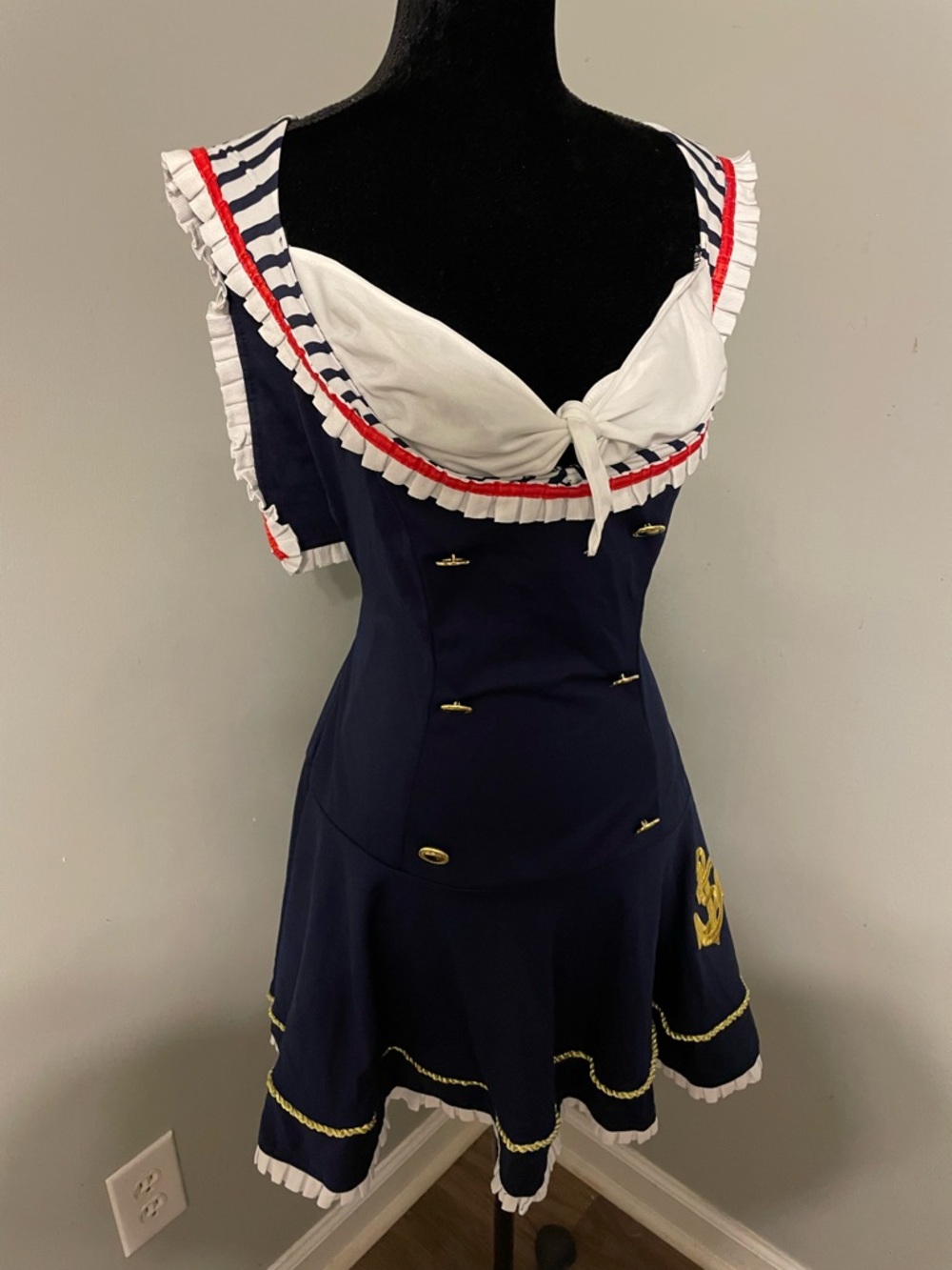 Spirit Halloween Navy Blue and White Nautical Sailor Costume with Gold Anchor - Picture 3 of 7